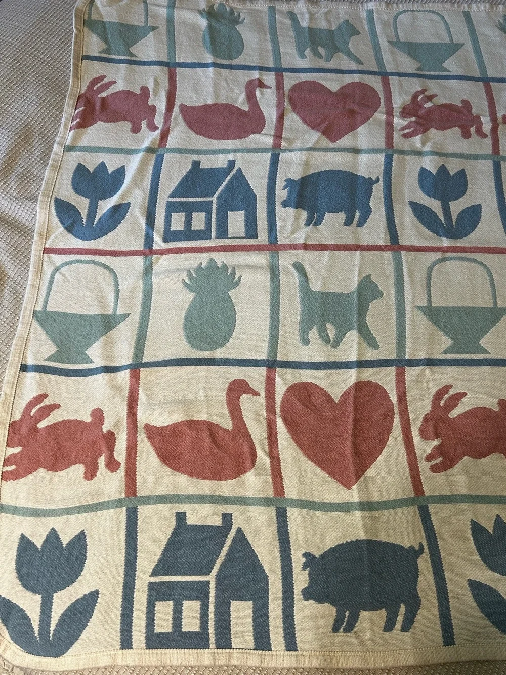 Vintage Crown Crafts Country Silhouettes Throw Blanket Geese Cats Cottage Cotton